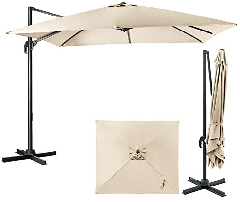 COSTWAY 2.5M/3M Cantilever Garden Parasol, Square Offset Banana Umbrella with 360° Rotation, Crank Handle & Base, 8-Rib Outdoor Hanging Sun Shade Canopy (3M, Beige-no Lights & Sandbags)