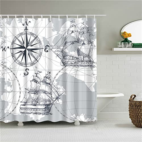Duschvorhang für Eckdusche und Kleine Badewanne, Bad vorhang Textil aus Polyester Stoff Schimmelresistent Wasserabweisend und Waschbar, Navigation， 240x180cm mit Duschvorhangringen Shower Curtains