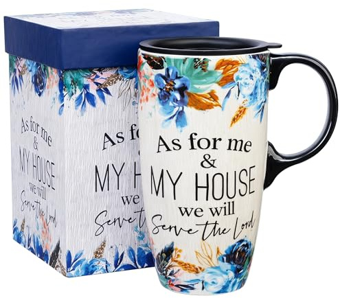 DUSVALLY Ceramic Travel Mug with Lid, 500ml/17oz Large Coffee Mug | Blue Botanical Floral Design, Microwave & Dishwasher Safe, Gift Box Included