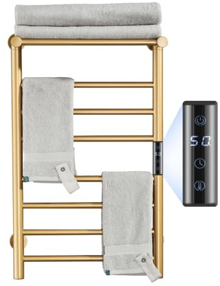 EWDPHW Gold Heated Towel Warmer Rack, Electric Heated Towel Drying Rack for Bathroom Radiator 70W, 7 Bar Wall Mounted Heated Towel Rail with Top Shelf Stainless steel Towel Warmer, 72*45*25Cm(Plug In)