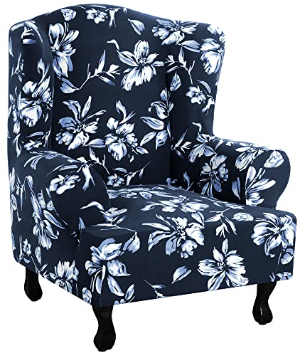 Highdi Ohrensessel Bezug 1-Teilig Elegantes Blumenmuster Sesselbezug, Sesselüberwürfe Ohrensessel Überzug Stretch Sesselhusse mit Armlehne für Relaxsessel, Fernsehsessel (Navy Blau)