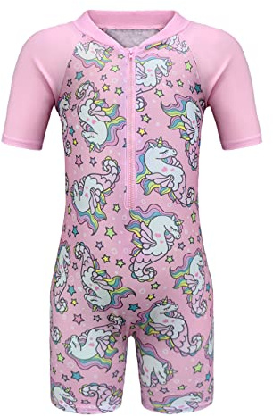 Moneric Girls Swimming Costume Kids One Piece Swimsuit Unicorn Swimwear UV Protection Zipper Bathing Suit Rash Guard Surfing Beachwear Age 5-6 Year Pink