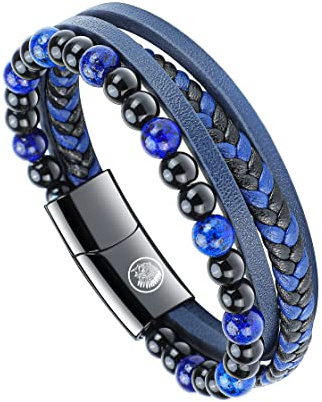 Casisto.J läderarmband män armband män läder flätade pärlor rostfritt stål svart brun blå med magnetlås enkel förpackning, 20, Rostfritt stål