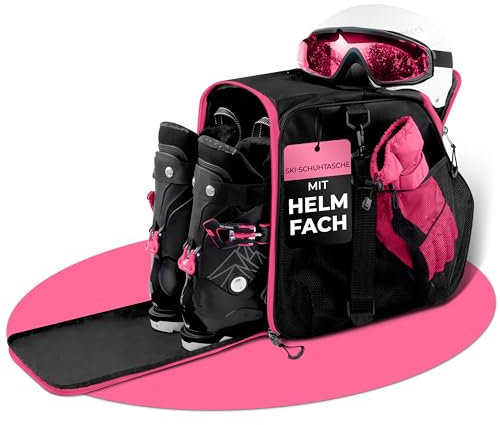 STYNGARD Skischuhtasche mit Helmfach und Stiefelfach [40 L] - Ski Stiefeltasche mit Umhängefunktion und Stauraum für Skizubehör - Tasche für Skischuhe Modell Zermatt (Schwarz-Pink)