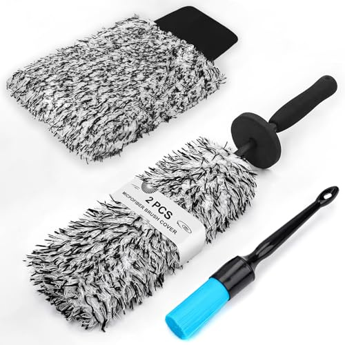 Toripor UPGRADED Microfiber Wheel Cleaning Brush Kit with Car Detailing Brush & Wash Mitt, Flat and Scratch Free Tire Cleaner Brush Tool Set for Auto Truck Motorcycle Wheel Barrel Spoked Rims Wash