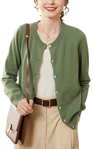 Valin Gilet Cachemire 95% Femme Col Rond Vert Solide Couleur Tricoté en Vrac Manches Longues Fin Cardigan en Cachemire et Laine,40,SPR1201