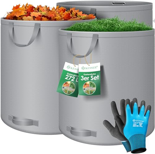 KESSER® Set di sacchi per foglie Sacco per rifiuti da giardino incl. Guanti, Robusto e pieghevole, Sacchi per foglie e l'erba tagliata Sacchi per rifiuti da giardino, 3x 272 Litri, Grigio
