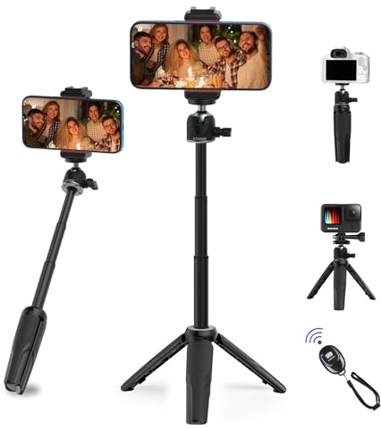 COMAN Trépied, mini perche à selfie, poignée pour téléphone portable, extension de téléphone portable, trépied pour iPhone 14/13/12 Pro Max, compatible avec GoPro, trépied de voyage, vlogging (noir)