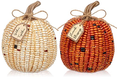 Briful Pumpkins Fall Decoration, 2PCS Decorative Corn Cob Pumpkins Resin Fake Pumpkins Autumn Home Rustic Decor for Thanksgiving Harvest Halloween Table Centerpiece Shelf Indoor Outdoor Porch Decor