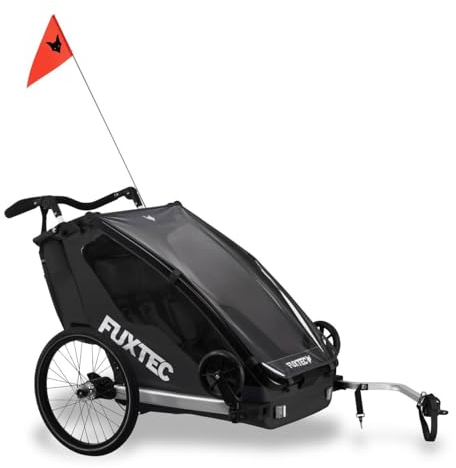 Fuxtec Fahrradanhänger Sportfux mit 2 Sitzplätzen, Hecktasche mit Reflektoren, Schiebegriff, Regen- und Sonnenschutz, faltbar, Schwarz FX-FA1