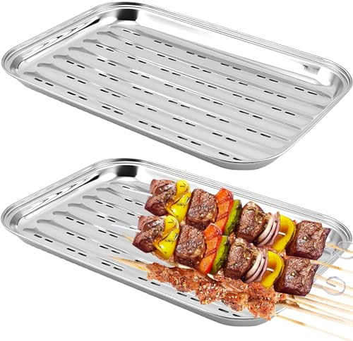 GOMETY Lot de 2 bacs à barbecue en acier inoxydable - 34,5 x 24,2 x 2,7 cm - Réutilisable - Panier à légumes - Accessoire d'extérieur pour légumes, poissons ou viandes - Pour barbecue à gaz,