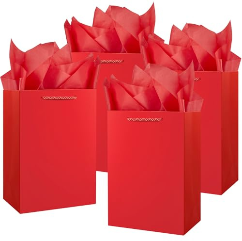 Jutieuo Luxuriöse rote Geschenktüten, mittlere Größe mit Seidenpapier, Premium-Papier-Geschenktüten mit Griffen für Geburtstag, Hochzeit, Urlaub, Party, 27,9 x 20,3 x 10,2 cm, 10 Stück