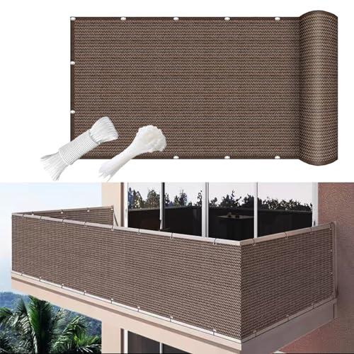 Balkon Sichtschutz Balkon 140 x 650 cm Sichtschutz Blickdichte Balkonfächer Balkon Sichtschutz mit Ösen für Balkon Garten, Braun