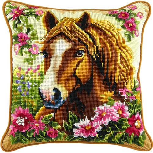 RKFLGEW DIY knüpfen set erwachsene pferd tier knüpfkissen Farbenfrohe Blumen Bezug Knüpfhaken-Kissenbezug，DIY-Kissenbezug-Set，Kissenbezug-Bastelsets für Erwachsene mit bedruckter Leinwand 43x43cm