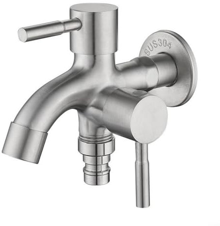 Doppelter Waschmaschinenarmatur, 1/2 Zoll Edelstahl Doppelhahn mit Auslaufventil, Doppelauslass Garten Wasserhahn, 1 in 2 Aus