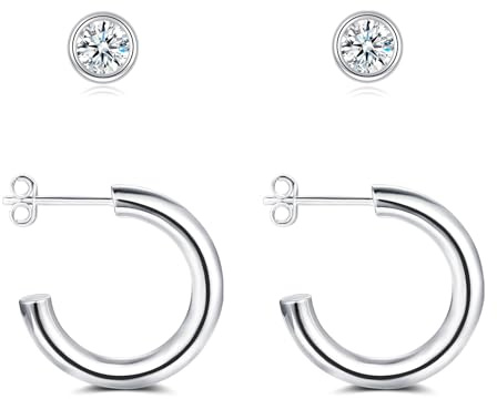 Loutade Creoler silver 925, 2 par, 925 silver, damörhängen, plugg-set, allergivänliga, lätta silverörhängen – stickkreoler, brosk, sömn silverörhängen, örhängen för flera piercingar, Kubisk zirkonia