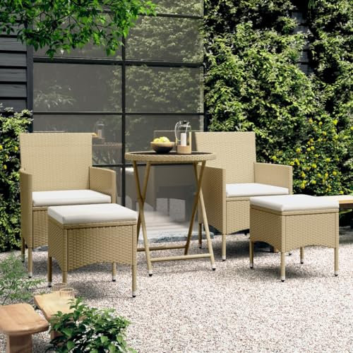 Homgoday Bistro-Set für den Garten, 5-teilig, Polyrattan und gehärtetes Glas, Beige, Gartenmöbel, Tisch und Stühle für den Außenbereich, Set Typ3058390