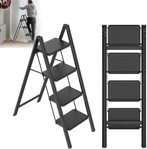 XMTECH Trittleiter 4 Stufen Klappbar, Leiter Klapp-Step-Hocker mit breitem Anti-Rutsch-Pedal, Tragbarer Stufenleiter Tritthocker, bis 270KG Belastbar, für Haushalt, Büro