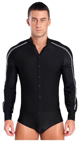 Runhomal Herren Tanz-Body Bodysuit Gymnastikbody Ballsaal Samba Latein Body Gymnastik Ballettanzug Langarm Performance Tanzkostüm Schwarz XXL
