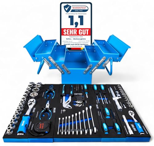 ViMa24 Werkzeugkoffer gefüllt - Metall Werkzeugkiste 86-TLG. blau | Klappkiste mit Schaumstoffeinlagen, abschließbar - 47 x 21 x 21 cm, 11,5 kg - sofort einsatzbereit
