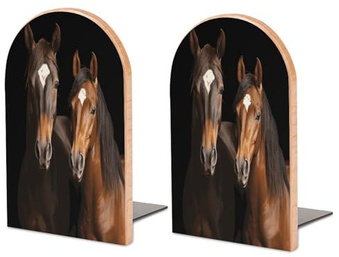 Zwei Pferde stehen auf schwarzem Hintergrund, bedruckte große Holz-Buchstützen, langlebige Buchstützen mit Metallsockel sind geeignet für den Einsatz in Arbeitszimmern, Bücherregalen, Büros,