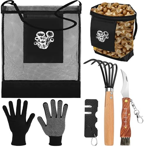 Windspeed 6 Pcs Mushroom Foraging Kit, Mushroom Harvesting Kit Include Mushroom Foraging Bag Mushroom Harvesting Knife and Brush with Sharpener and Rake