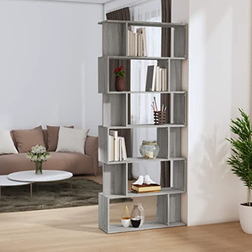Myheimly Bücherregal/Raumteiler mit 6 großen 12 kleinen Fächern Wandregal Standregal Aktenregal Raumtrenner Regal Grau Sonoma 80x24x192 cm Holzwerkstoff