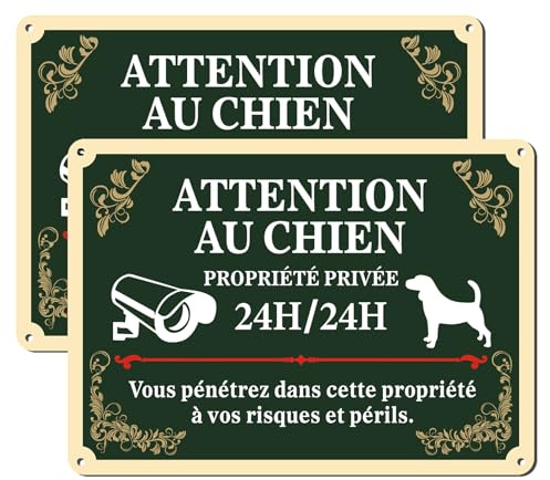 Phyabe Panneau Attention au Chien Vidéo Surveillance 24H/24 Aluminium | 2 Pièces, 25 x 18cm, Panneau De Signalisation Propriété Privée, Facile à installer, Résistant aux UV, Imperméable Inaltérable