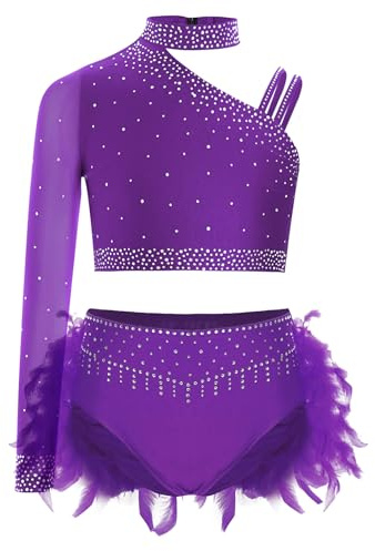 Freebily Abito da Ballo Latino Americano Bambina Completo da Pattinaggio Artistico con Strass Crop Top Danza Moderna Monospalla + Minigonna di Ballo Costume Danza Samba Viola 9-10 Anni