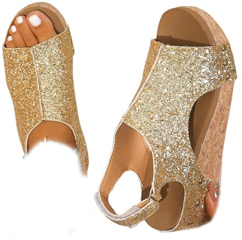 Whimsyard kvinnors läder kil ortopediska sandaler, bred plattform kilsandaler, kvinnors öppen tå spänne ankelrem sommar plattform bröllop sandaler s, Guld, 6.5 UK Wide