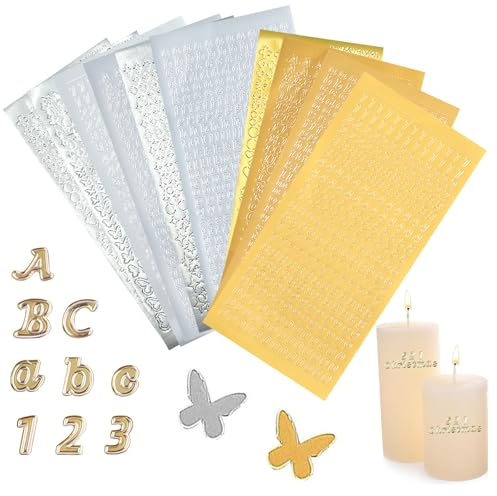 Wachsbuchstaben für kerzen gold,12pcs Sticker Buchstaben Set,Buchstaben Aufkleber mit Zahlen,Buchstabens zum aufkleben,Wachszahlen Sticker,wie Kerzen zur Taufe Kommunion oder Hochzeit (Gold&Silber) ﻿