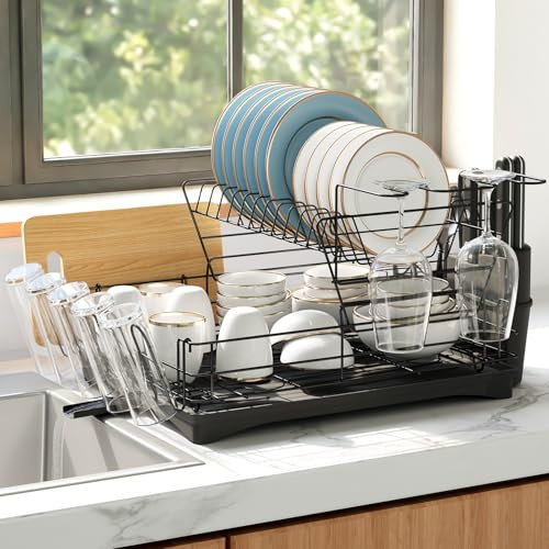 Warmiehomy Dish Drainer Rack 2 Tier Draining Board Rack with Drip Tray Dish Drying Organizer with Swivel Drainage Spout Cups, Utensil & Cutting Board Holders Sink Drainer Racks for Kitchen Counter
