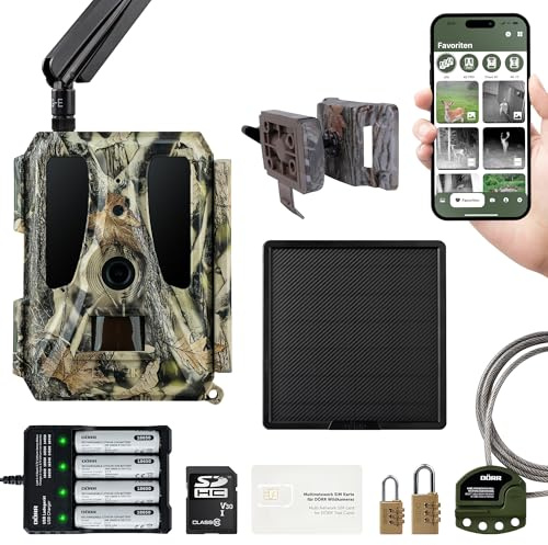 DÖRR Cloud Pro 4G 100° Solar-Set, Wildkamera, Simlockfrei, Akku, App | Inkl. 15000 mAh Solarpanel, wiederaufladbar 18650, iOS & Android & Web App kostenfrei, Bewegungsmelder, Tag- & Nachtaufnahmen