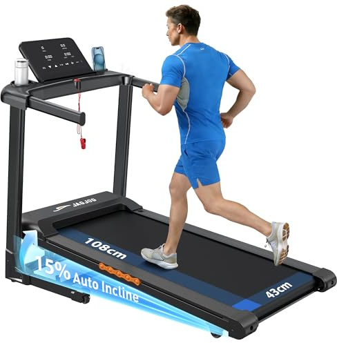 JAGJOG Laufband mit 15% Auto-Steigung und leisem 3-PS-Motor | 1-14 km/h, 12 Programme, LED-Anzeige, klappbar und bis 136 kg