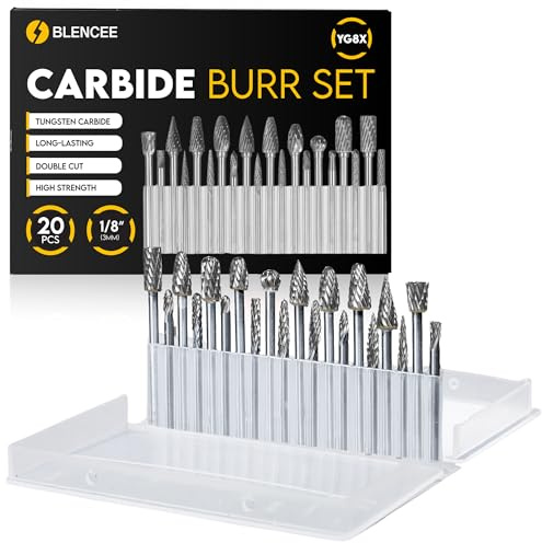 BLENCEE 20Pcs Carbide Burr Set - 1/8 Shank Tungsten Die Grinder Bits, Double Cut - Compatible with Dremel & Milwaukee - Cutting, Engraving, Deburring - Rasp Accessories - Metal, Steel, Aluminum