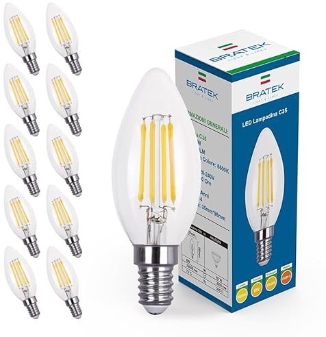 Bratek 10 Lampadine Led E14 Luce Fredda Vintage a Candela 6500k 6W 660 Lumen - Lampadina Vintage Attacco Piccolo e14 a Filamento Led Trasparente Equivalente 75W a Incandescenza o 60w Alogena