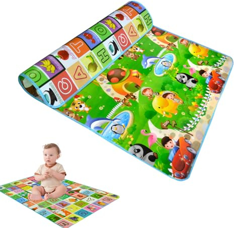 Qfdiwr Krabbeldecke für Babys, faltbar, 150 x 180 x 0,5 cm, wendbar, Buchstaben Tiere, Autos, weich und konfusionsfähig für Kinder – ideal zum Spielen, Lernen und Zeit auf dem Bauch zu Hause oder auf