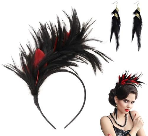 LZPLJLWS Kopfschmuck 20er Jahre Damen Retro Haarschmuck mit Federn, Vintage Stirnband & Ohrhänger, 1920er Jahre Stil für Themenpartys, Cocktailpartys, Hochzeiten und Veranstaltungen, Schwarz-Rot, für