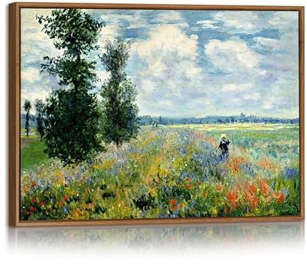 Argenteuil Mohnfeld Monet Leinwand Bilder Mit Rahmen Klassische Bunte Blumenfelder Bild Auf Leinwand Retro grüne Felder Landschaft Wandbilder Zuhause Wanddeko für Wohnzimmer Schlafzimmer Büro 30x40cm