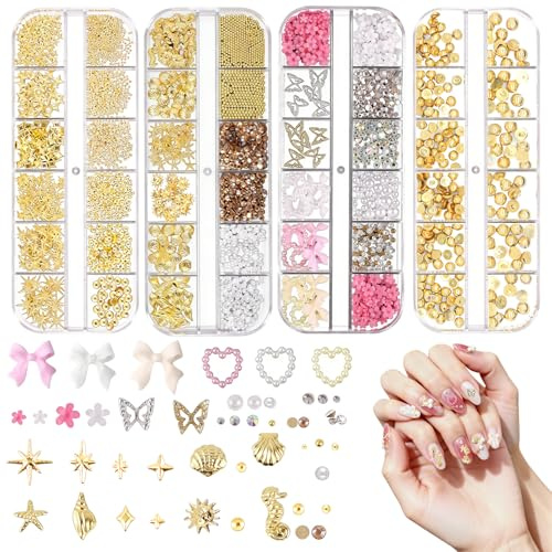 Set de 4 cajas de adornos y dijes dorados para uñas, con dijes 3D de calidad, perlas planas, pedrería, cuentas y estrellas con forma de flor para decoración de uñas, fundas de teléfono y como