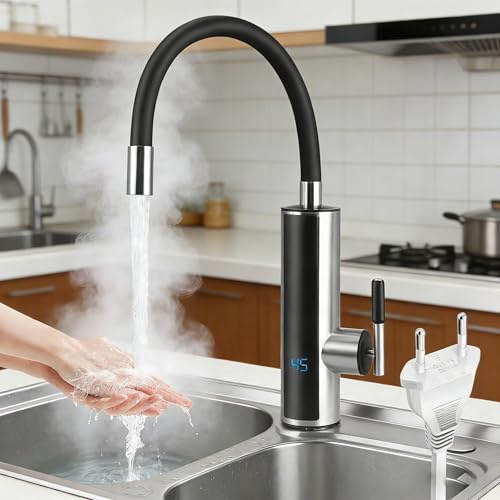 3000W Elektrischer Küchenwasserhahn mit Durchlauferhitzer – Sofort Warmwasser in 15s, 360° Drehbarer Edelstahl-Auslauf (304), LCD-Temperaturanzeige, Sicherheitsschutz, Einfache DIY-Installation