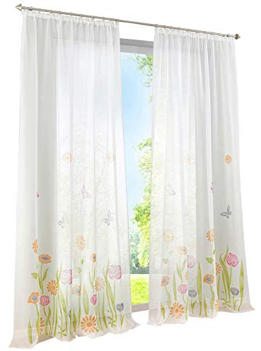 BAILEY JO 1er-Pack Gardine Kräuselband Floral Vorhänge Mit Blumen Schmetterling Transparent Voile Vorhang (grün, BxH 150x145cm)