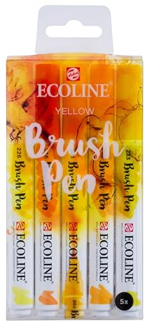 Ecoline Brush Pen-Set mit 5 flüssigen Aquarellstiften – Gelbtöne | Mischbare Pinselstifte für Handlettering, Zeichnen und Basteln