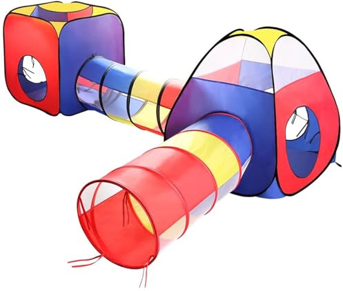 Kids Play Tent with Tunnel, EocuSun 4 in 1 Pop Up Children Play Tent House with 2 Tunnel, 2 Tents and Zipper Storage Bag for Girls & Boys Indoor and Outdoor Use