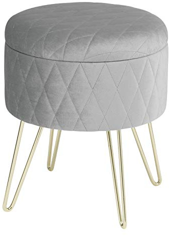 WOLTU Storage Ottoman Chair Stool Light Grey Upholstered Footstool Velvet Dressing Table Stool Pouf Couch Stool Hairpin Golden Steel Legs Removable Cover, (DiaxH) 31.5x36cm