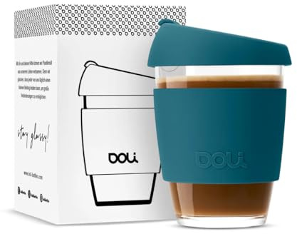 Doli Glas Kaffeebecher to go 340ml Teal - Schwappdicht mit Thermohülle - Trinkbecher für Heiß- & Kaltgetränke - Spülmaschinenfest - BPA-frei