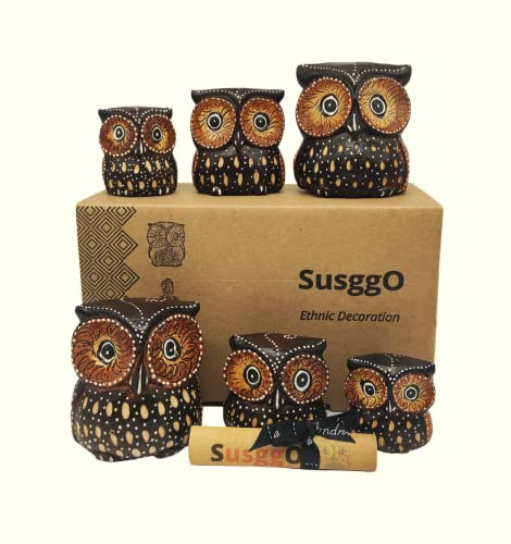SusggO Set mit 6 handgeschnitzten Eulen aus Holz, 3 Verschiedene Größen, dekorative Figuren, Kunsthandwerk, Heimdekoration, Glückseule, Raumdekoration, Heimdekoration (6 braune Eulen)