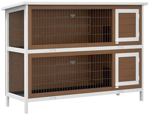 PawHut 54 2-Story Large Rabbit Hutch Bunny Cage Wooden Pet House Small Animal Habitat with Lockable Doors, No Leak Tray and Waterproof Roof for Rabbits, Chickens, Ducks, Outdoor/Indoor Brown