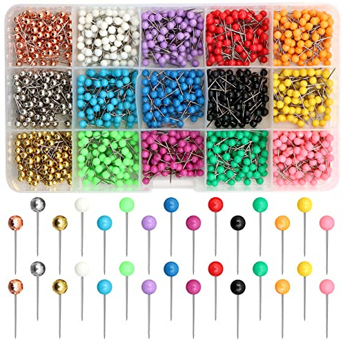 ZYNERY 1500 PCS Map Push Pins, Map Tacks Marking Pins 1/8-Inch Plastic Round Head Decorative Push Pins for Bulletin Boards/Fabric/Office/Wall (15 Colors)