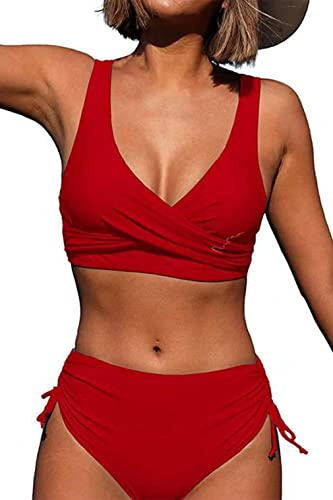 CheChury Damen Bikini Set Cross Back Badeanzüge Einfarbig Bademode Kordelzug Side Bikini Sexy Crossover Oberteil Triangel Bikinihose Hoher Taille Gepolstert Strandbikini Zweiteiliger,Rot,L
